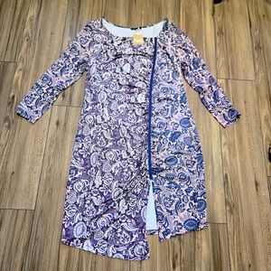 Isabel + Alice 1X Blue Purple Floral Paisley Ruched Asymmetrical Midi Dress
